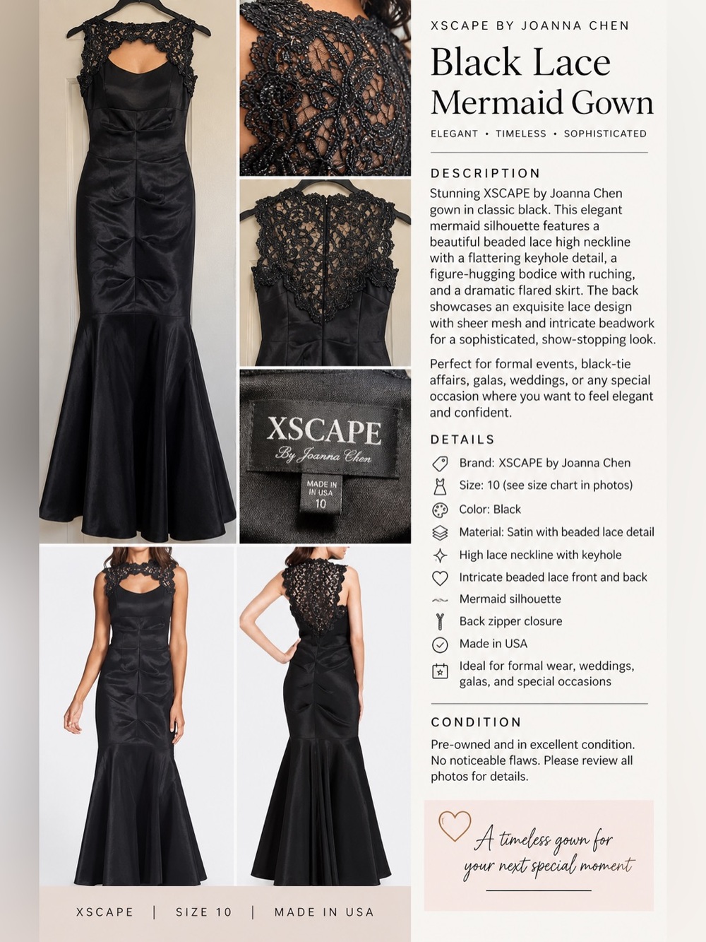 Xscape Joanna Chen Black Beaded Lace Mermaid Formal Gown Size 10